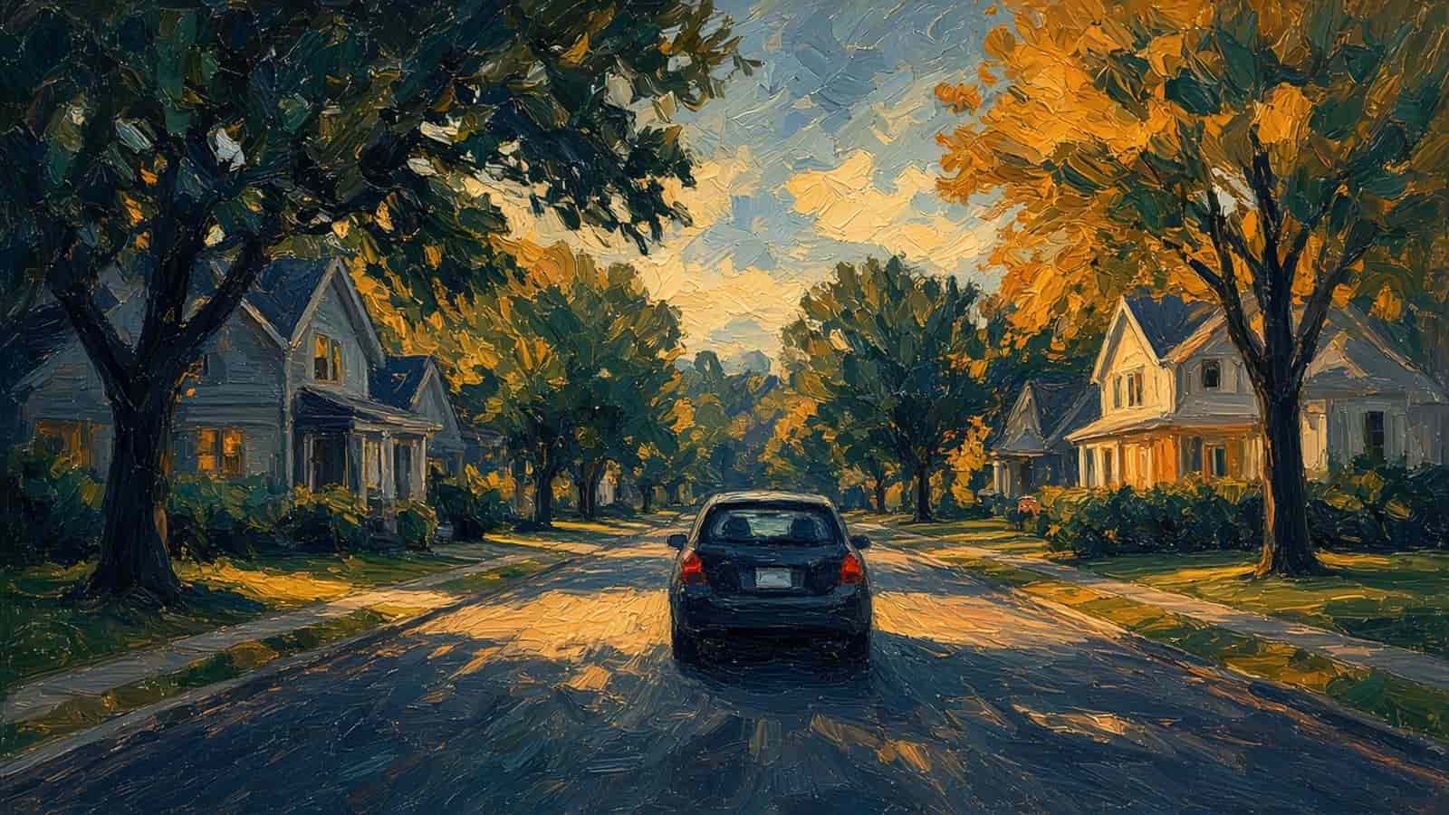 Impressionist painting of a suburban test drive.