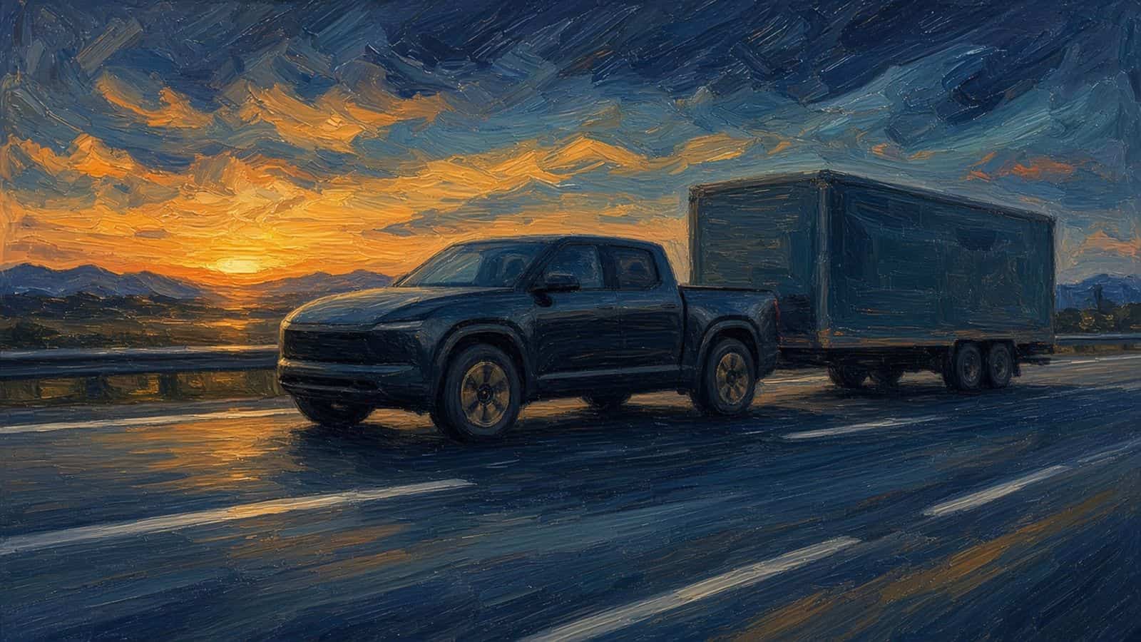 Impressionist painting of an electric pickup towing.