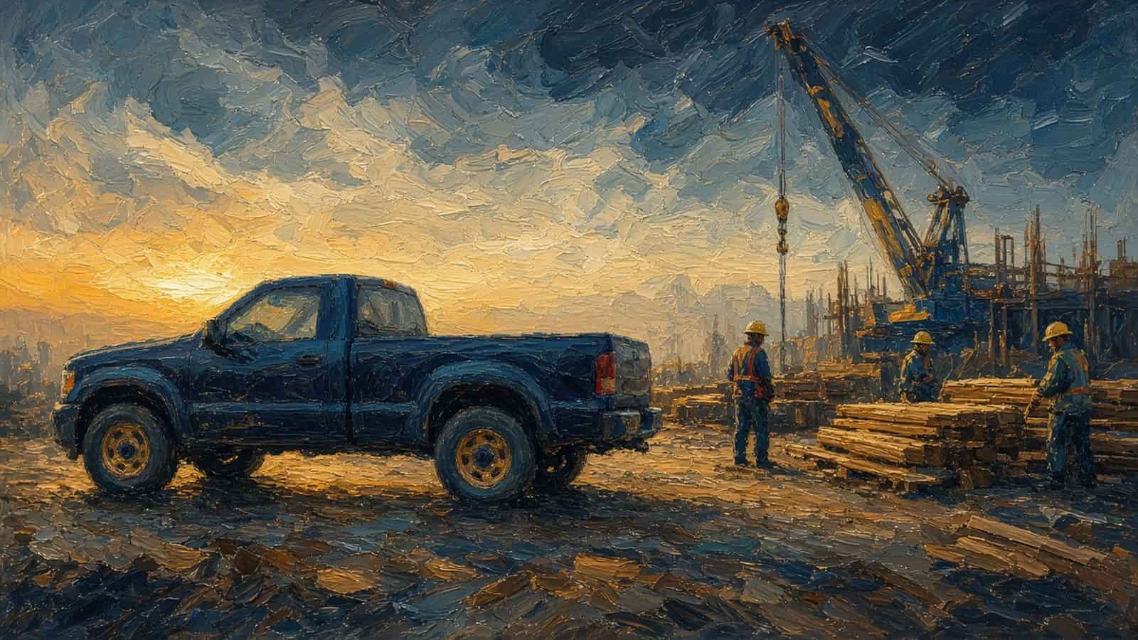 Impressionist painting of a pickup at a work site.