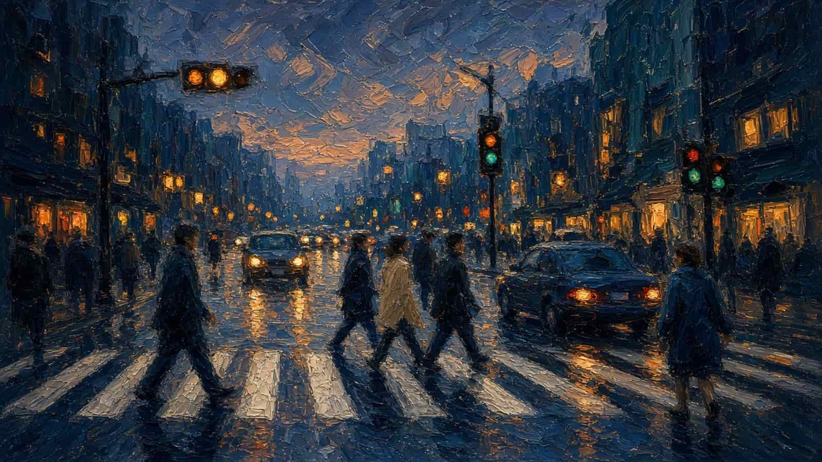 Impressionist painting of a city intersection at dusk.