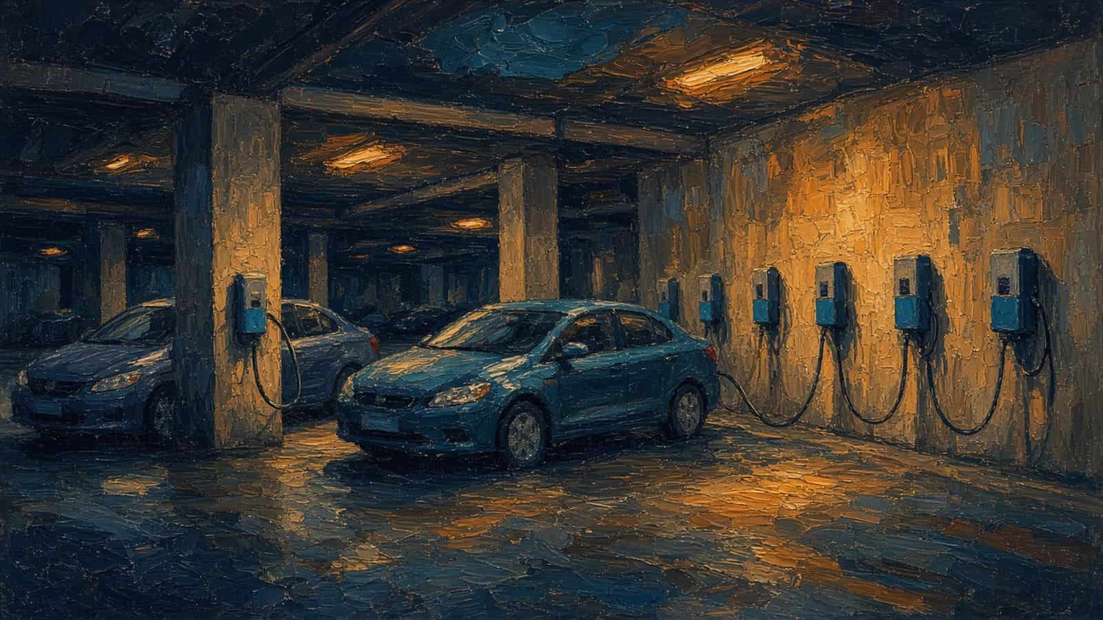 Impressionist painting of chargers in an apartment garage.